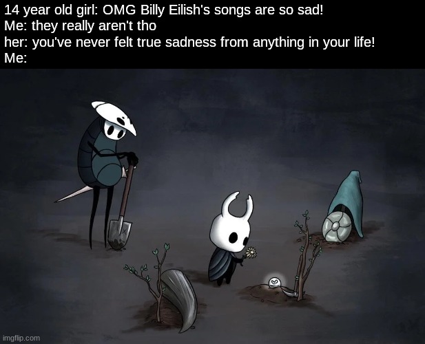 if you know you know (hollow knight) | 14 year old girl: OMG Billy Eilish's songs are so sad!
Me: they really aren't tho 
her: you've never felt true sadness from anything in your life!
Me: | image tagged in memes,hollow knight,sad,billy eilish | made w/ Imgflip meme maker