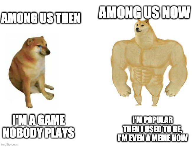 Among Us Evolution | AMONG US NOW; AMONG US THEN; I'M A GAME NOBODY PLAYS; I'M POPULAR THEN I USED TO BE, I'M EVEN A MEME NOW | image tagged in cheems vs buff doge | made w/ Imgflip meme maker