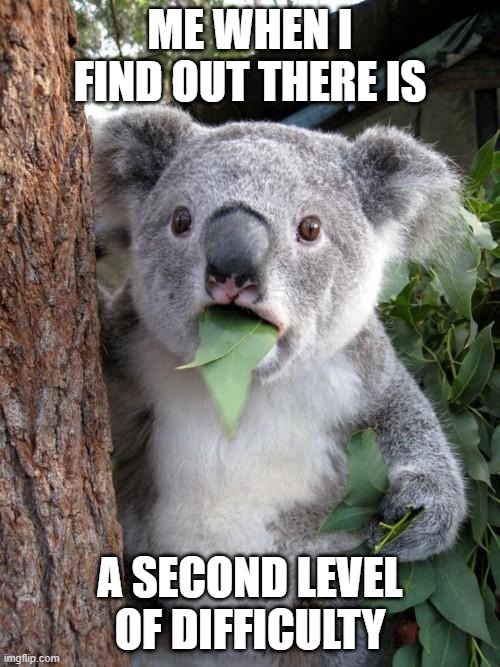 Surprised Koala | ME WHEN I FIND OUT THERE IS; A SECOND LEVEL OF DIFFICULTY | image tagged in memes,surprised koala | made w/ Imgflip meme maker