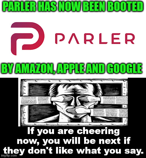 Free speech is officially dead today. Will cell phones be next? | PARLER HAS NOW BEEN BOOTED; BY AMAZON, APPLE AND GOOGLE; If you are cheering now, you will be next if they don't like what you say. | image tagged in political meme,free speech | made w/ Imgflip meme maker