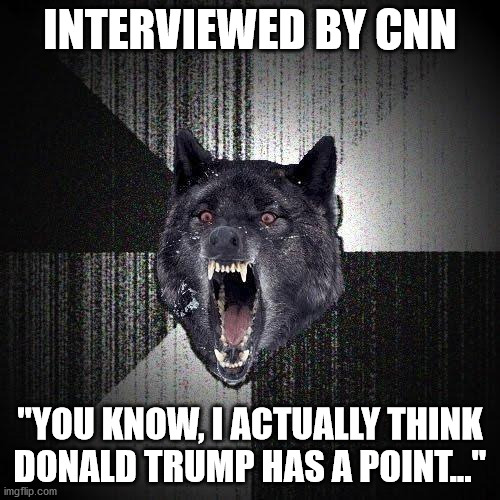 How to be hated in one easy step! | INTERVIEWED BY CNN; "YOU KNOW, I ACTUALLY THINK DONALD TRUMP HAS A POINT..." | image tagged in memes,insanity wolf,donald trump,cnn | made w/ Imgflip meme maker