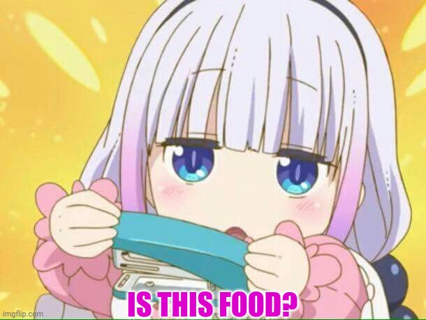 Kanna problems |  IS THIS FOOD? | image tagged in kanna kamui,anime girl,cute girl,food,cuteness overload | made w/ Imgflip meme maker