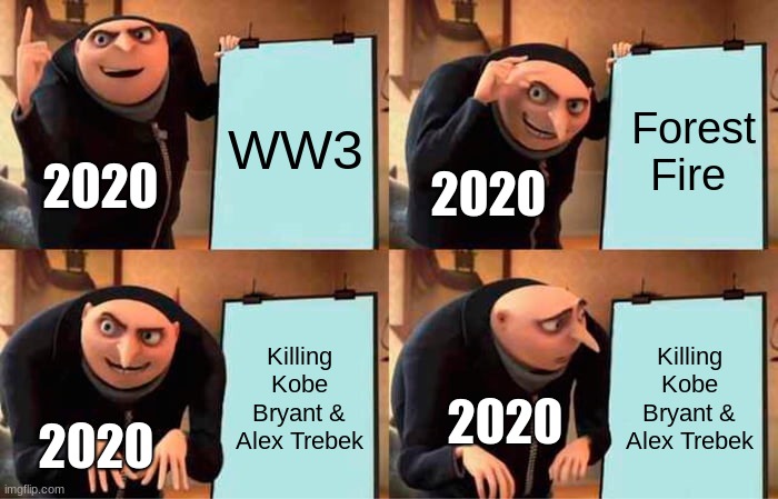 2020's plan for the year | WW3; Forest Fire; 2020; 2020; Killing Kobe Bryant & Alex Trebek; Killing Kobe Bryant & Alex Trebek; 2020; 2020 | image tagged in memes,gru's plan,2020,kobe bryant,alex trebek,ww3 | made w/ Imgflip meme maker