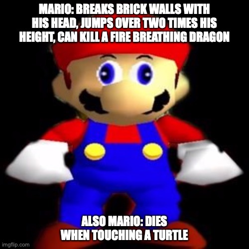 its a me, MARIO | MARIO: BREAKS BRICK WALLS WITH HIS HEAD, JUMPS OVER TWO TIMES HIS HEIGHT, CAN KILL A FIRE BREATHING DRAGON; ALSO MARIO: DIES WHEN TOUCHING A TURTLE | image tagged in super mario | made w/ Imgflip meme maker