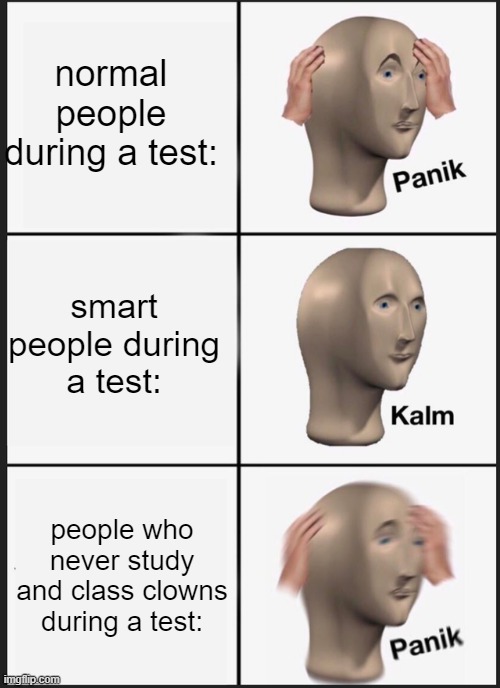 School Memes | normal people during a test:; smart people during a test:; people who never study and class clowns during a test: | image tagged in memes,panik kalm panik,school meme,school,people | made w/ Imgflip meme maker