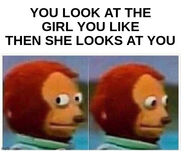 Monkey Puppet | YOU LOOK AT THE GIRL YOU LIKE THEN SHE LOOKS AT YOU | image tagged in memes,monkey puppet | made w/ Imgflip meme maker