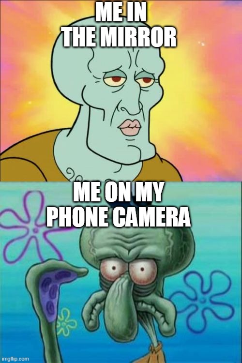 reflections | ME IN THE MIRROR; ME ON MY PHONE CAMERA | image tagged in memes,squidward | made w/ Imgflip meme maker