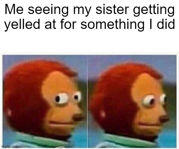 Sister getting the blame | Me seeing my sister getting yelled at for something I did | image tagged in memes,monkey puppet | made w/ Imgflip meme maker