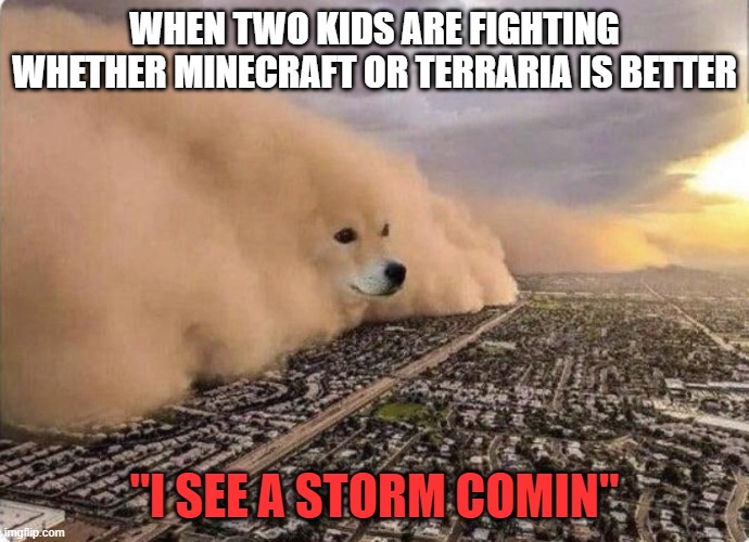 Doge Cloud | WHEN TWO KIDS ARE FIGHTING WHETHER MINECRAFT OR TERRARIA IS BETTER; "I SEE A STORM COMIN" | image tagged in doge cloud | made w/ Imgflip meme maker