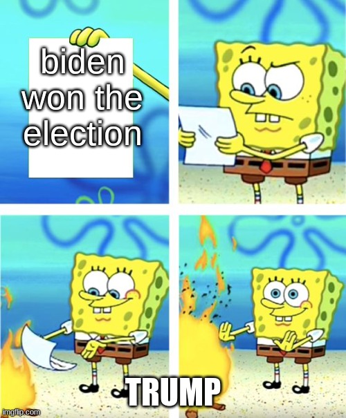Spongebob Burning Paper | biden won the election; TRUMP | image tagged in spongebob burning paper,election,roasted,memes,spongebob | made w/ Imgflip meme maker