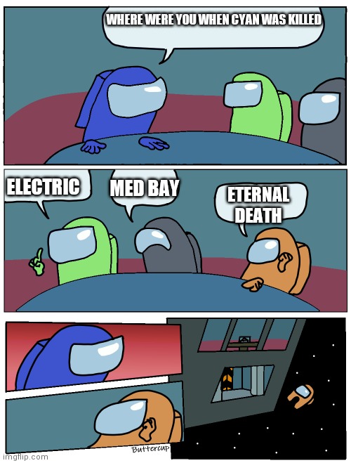 ME | WHERE WERE YOU WHEN CYAN WAS KILLED; MED BAY; ELECTRIC; ETERNAL DEATH | image tagged in among us meeting | made w/ Imgflip meme maker