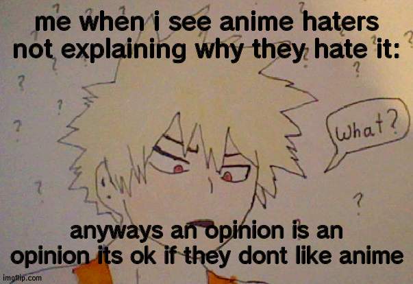 Bakugo what | me when i see anime haters not explaining why they hate it:; anyways an opinion is an opinion its ok if they dont like anime | image tagged in bakugo what | made w/ Imgflip meme maker