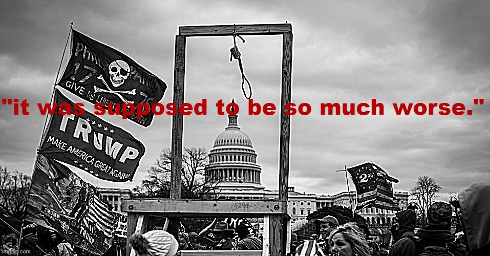 They did not come even close to meeting their true objectives. | "it was supposed to be so much worse." | image tagged in capitol hill riot gallows,capitol hill,riots,riot,trump supporters,treason | made w/ Imgflip meme maker