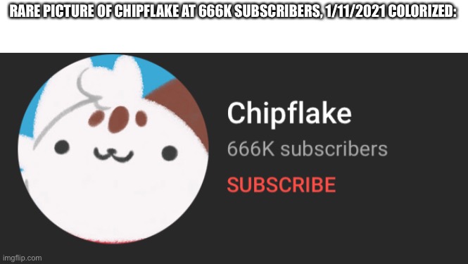 RARE PICTURE OF CHIPFLAKE AT 666K SUBSCRIBERS, 1/11/2021 COLORIZED: | image tagged in chipflake | made w/ Imgflip meme maker