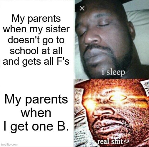 Sleeping Shaq Meme | My parents when my sister doesn't go to school at all and gets all F's; My parents when I get one B. | image tagged in memes,sleeping shaq | made w/ Imgflip meme maker