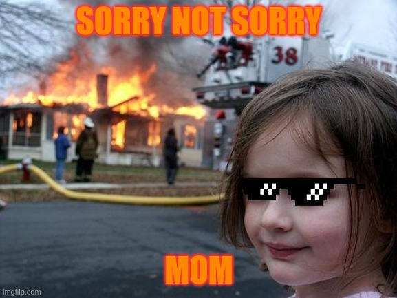 Disaster Girl | SORRY NOT SORRY; MOM | image tagged in memes,disaster girl | made w/ Imgflip meme maker