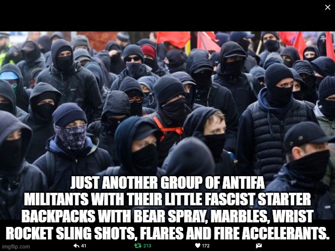 Antifa | JUST ANOTHER GROUP OF ANTIFA MILITANTS WITH THEIR LITTLE FASCIST STARTER BACKPACKS WITH BEAR SPRAY, MARBLES, WRIST ROCKET SLING SHOTS, FLARE | image tagged in antifa | made w/ Imgflip meme maker