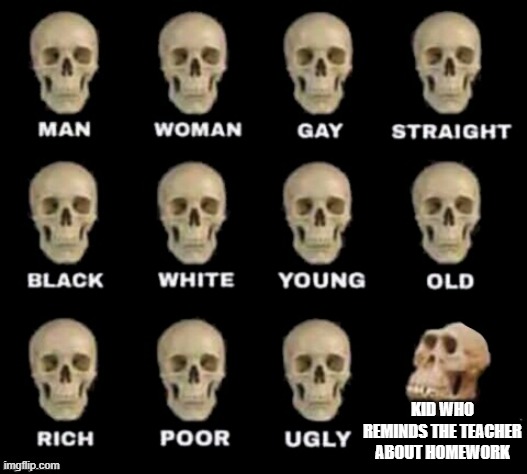 idiot skull | KID WHO REMINDS THE TEACHER ABOUT HOMEWORK | image tagged in idiot skull,memes | made w/ Imgflip meme maker