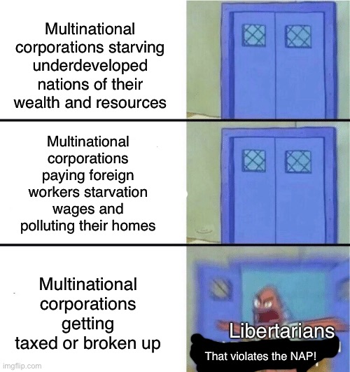 Right-libertarian logic |  Multinational corporations starving underdeveloped nations of their wealth and resources; Multinational corporations paying foreign workers starvation wages and polluting their homes; Multinational corporations getting taxed or broken up; Libertarians; That violates the NAP! | image tagged in you better watch your mouth,libertarian,libertarianism,free market,capitalism,corporate greed | made w/ Imgflip meme maker