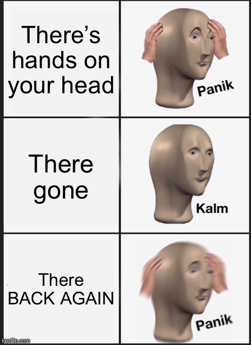AaA | There’s hands on your head; There gone; There BACK AGAIN | image tagged in memes,panik kalm panik | made w/ Imgflip meme maker