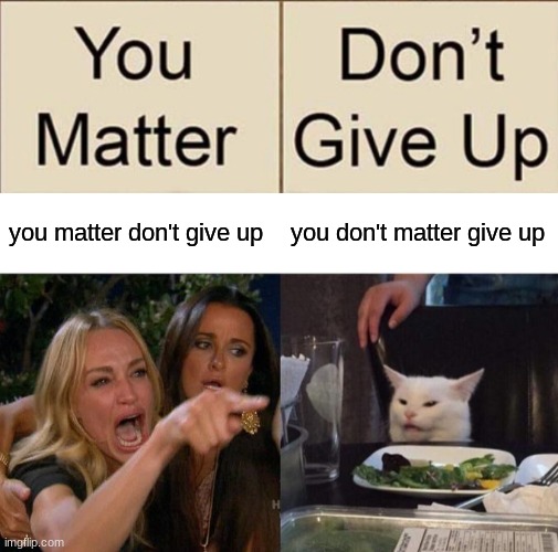 you matter don't give up; you don't matter give up | image tagged in memes,woman yelling at cat | made w/ Imgflip meme maker