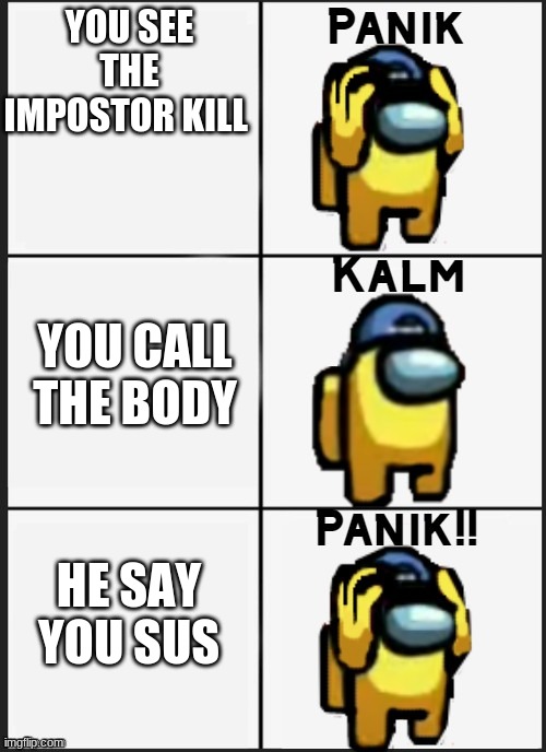 Among us Panik | YOU SEE THE IMPOSTOR KILL; YOU CALL THE BODY; HE SAY YOU SUS | image tagged in among us panik | made w/ Imgflip meme maker