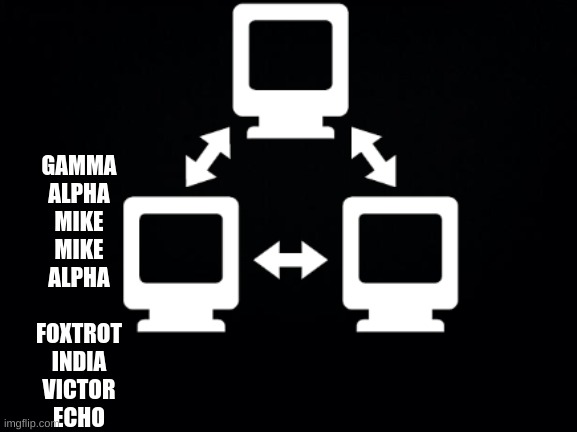 Gamma-5 | GAMMA
ALPHA
MIKE
MIKE
ALPHA
 
FOXTROT
INDIA
VICTOR
ECHO | image tagged in gamma-5 | made w/ Imgflip meme maker