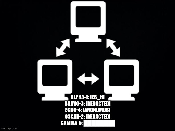 Gamma-5 | ALPHA-1: JEB_HI
BRAVO-3: [REDACTED]
ECHO-4: [ANONUMUS]
OSCAR-2: [REDACTED]
GAMMA-5: ████████ | image tagged in gamma-5 | made w/ Imgflip meme maker