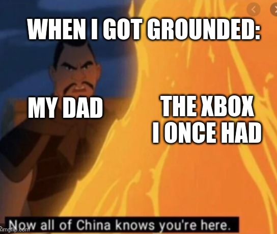 now all of china knows your here | WHEN I GOT GROUNDED:; THE XBOX I ONCE HAD; MY DAD | image tagged in now all of china knows your here | made w/ Imgflip meme maker