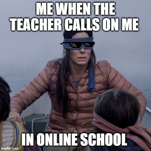 Bird Box Meme | ME WHEN THE TEACHER CALLS ON ME; IN ONLINE SCHOOL | image tagged in memes,bird box | made w/ Imgflip meme maker