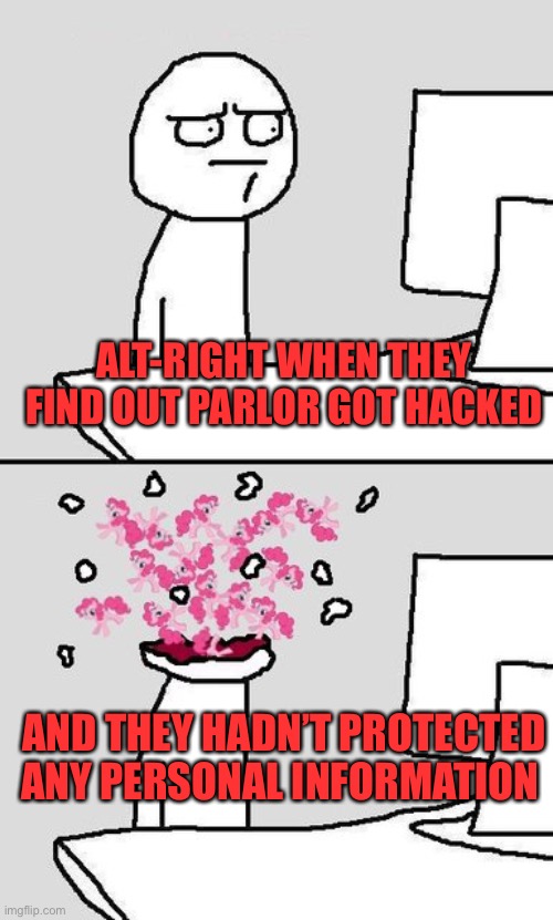 Karma baby! It’s what’s for breakfast! | ALT-RIGHT WHEN THEY FIND OUT PARLOR GOT HACKED; AND THEY HADN’T PROTECTED ANY PERSONAL INFORMATION | image tagged in computer head explode | made w/ Imgflip meme maker