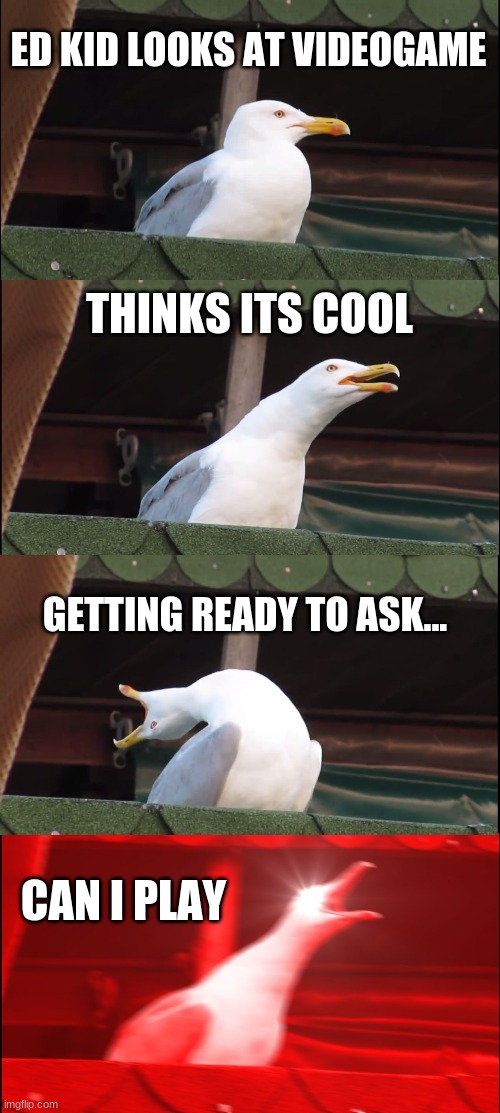 dont ask me to play my games... | ED KID LOOKS AT VIDEOGAME; THINKS ITS COOL; GETTING READY TO ASK... CAN I PLAY | image tagged in memes,inhaling seagull | made w/ Imgflip meme maker