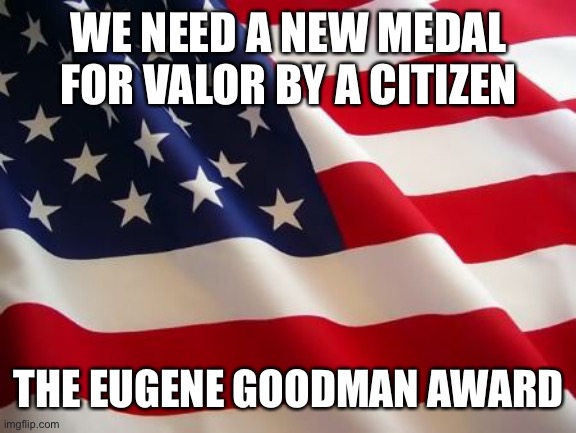 After the Presidential Medal of Freedom was devalued by Trump (like everything else he touched) | WE NEED A NEW MEDAL FOR VALOR BY A CITIZEN; THE EUGENE GOODMAN AWARD | image tagged in american flag | made w/ Imgflip meme maker
