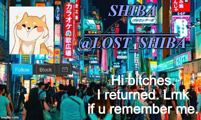 Lost_Shiba announcement template | Hi bitches. I returned. Lmk if u remember me. | image tagged in lost_shiba announcement template | made w/ Imgflip meme maker