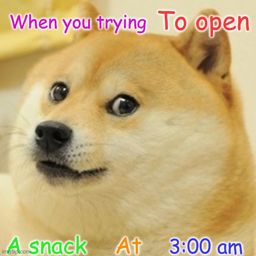 When you tryna get a snack at 3:am | When you trying; To open; A snack; At; 3:00 am | image tagged in memes,doge | made w/ Imgflip meme maker