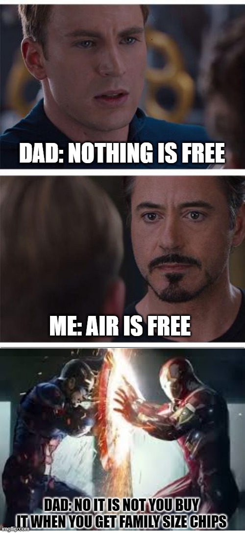 Me vs My Dad | DAD: NOTHING IS FREE; ME: AIR IS FREE; DAD: NO IT IS NOT YOU BUY IT WHEN YOU GET FAMILY SIZE CHIPS | image tagged in memes,marvel civil war 1 | made w/ Imgflip meme maker