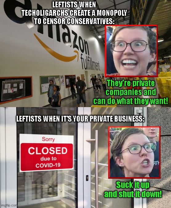 The Left on running a private business/company | LEFTISTS WHEN TECHOLIGARCHS CREATE A MONOPOLY TO CENSOR CONSERVATIVES:; They're private companies and can do what they want! LEFTISTS WHEN IT'S YOUR PRIVATE BUSINESS:; Suck it up and shut it down! | image tagged in leftists,liberal hypocrisy,censorship,techoligarchies,amazon twitter facebook youtube,tech giants vs small business | made w/ Imgflip meme maker