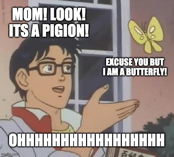 Pigion | MOM! LOOK! ITS A PIGION! EXCUSE YOU BUT I AM A BUTTERFLY! OHHHHHHHHHHHHHHHHH | image tagged in memes,is this a pigeon | made w/ Imgflip meme maker