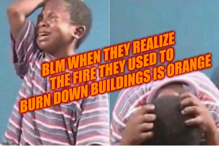 Just a little humor for ya | BLM WHEN THEY REALIZE THE FIRE THEY USED TO BURN DOWN BUILDINGS IS ORANGE | image tagged in crying kid,funny,memes,blm | made w/ Imgflip meme maker