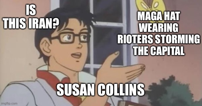 Is This a Pigeon | MAGA HAT WEARING RIOTERS STORMING THE CAPITAL; IS THIS IRAN? SUSAN COLLINS | image tagged in is this a pigeon | made w/ Imgflip meme maker