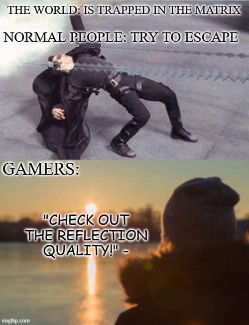 THE WORLD: IS TRAPPED IN THE MATRIX; NORMAL PEOPLE: TRY TO ESCAPE; GAMERS:; "CHECK OUT THE REFLECTION QUALITY!" - | image tagged in neo dodging a bullet matrix,matrix,rtx,reflection,gamers,pc gaming | made w/ Imgflip meme maker