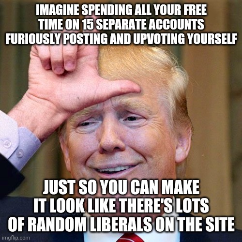 Trump loser | IMAGINE SPENDING ALL YOUR FREE TIME ON 15 SEPARATE ACCOUNTS FURIOUSLY POSTING AND UPVOTING YOURSELF JUST SO YOU CAN MAKE IT LOOK LIKE THERE' | image tagged in trump loser | made w/ Imgflip meme maker