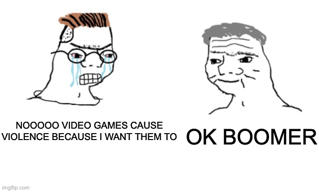 haha brrrrrrr | NOOOOO VIDEO GAMES CAUSE VIOLENCE BECAUSE I WANT THEM TO; OK BOOMER | image tagged in haha brrrrrrr | made w/ Imgflip meme maker