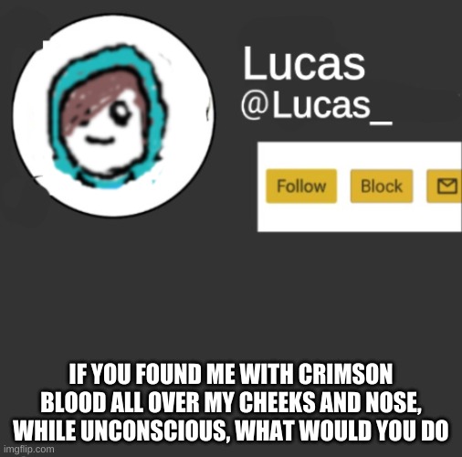 Lucas | IF YOU FOUND ME WITH CRIMSON BLOOD ALL OVER MY CHEEKS AND NOSE, WHILE UNCONSCIOUS, WHAT WOULD YOU DO | image tagged in lucas | made w/ Imgflip meme maker