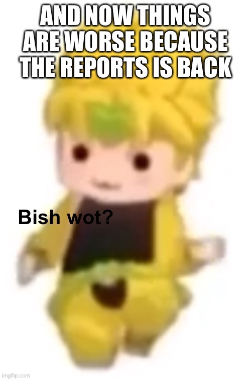 Bish wot | AND NOW THINGS ARE WORSE BECAUSE THE REPORTS IS BACK | image tagged in bish wot | made w/ Imgflip meme maker
