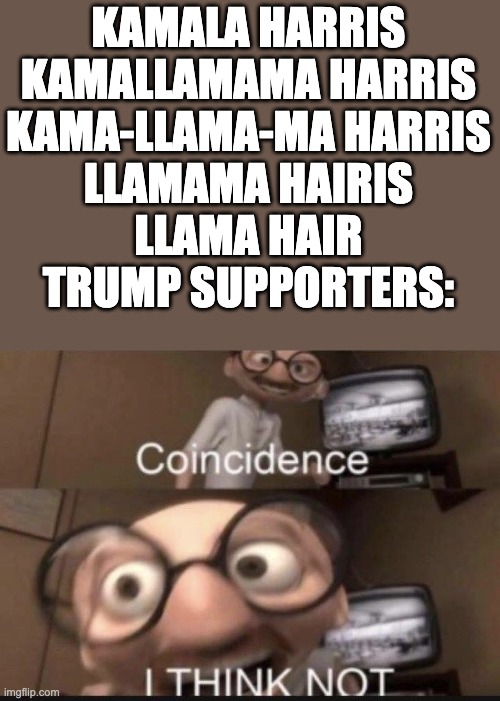 DISCLIMER: Im not a trump supporter, just thought this was funny | KAMALA HARRIS
KAMALLAMAMA HARRIS
KAMA-LLAMA-MA HARRIS
LLAMAMA HAIRIS
LLAMA HAIR

TRUMP SUPPORTERS: | image tagged in coincidence i think not | made w/ Imgflip meme maker