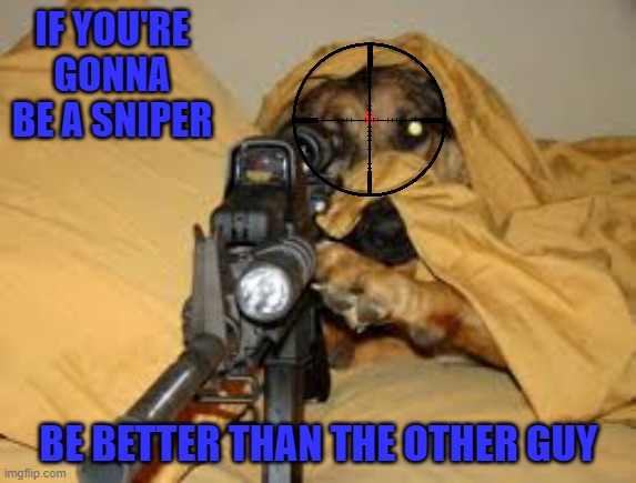 Sniping is a dirty game... | IF YOU'RE GONNA BE A SNIPER; BE BETTER THAN THE OTHER GUY | image tagged in dog sniper,dogs,animals | made w/ Imgflip meme maker