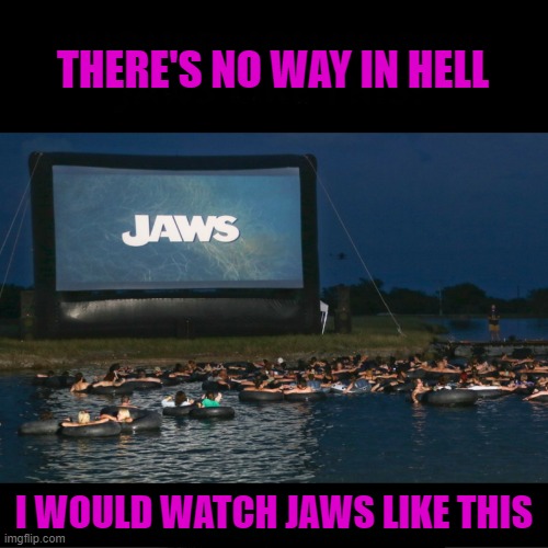 That's just crazy... | THERE'S NO WAY IN HELL; I WOULD WATCH JAWS LIKE THIS | image tagged in jaws viewing party,jaws,crazy,memes | made w/ Imgflip meme maker