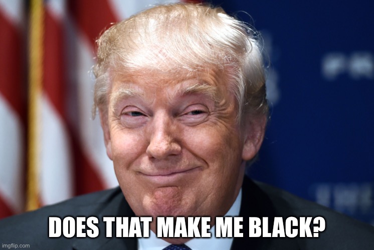 Trump smiles | DOES THAT MAKE ME BLACK? | image tagged in trump smiles | made w/ Imgflip meme maker