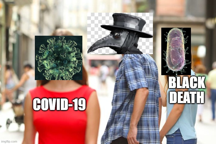 the plague doctor who changed his mind | BLACK DEATH; COVID-19 | image tagged in memes,distracted boyfriend | made w/ Imgflip meme maker
